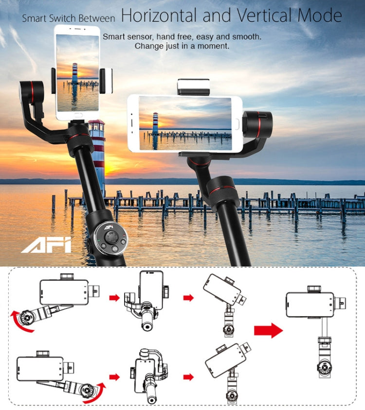 Estabilizador de cardán sin escobillas de aluminio de mano AFI V5 Smooth de 3 ejes con soporte para trípode y luz de relleno para teléfonos inteligentes de hasta 6 pulgadas, compatible con seguimiento facial