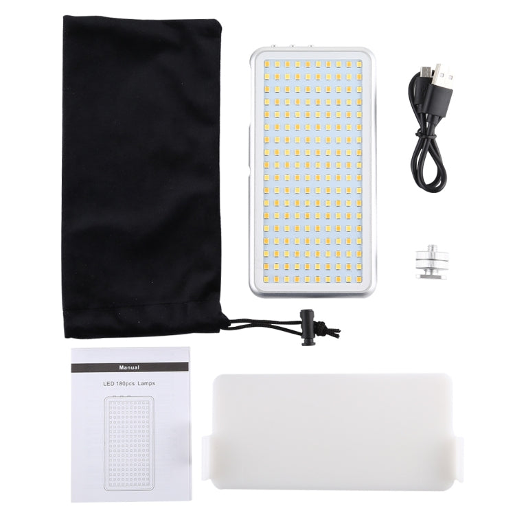 LED011S Bolsillo 180 LED Luz de estudio fotográfico y video para fotografía profesional con pantalla OLED y soporte adaptador de zapata fría para cámaras DSLR Canon / Nikon, 180 LED