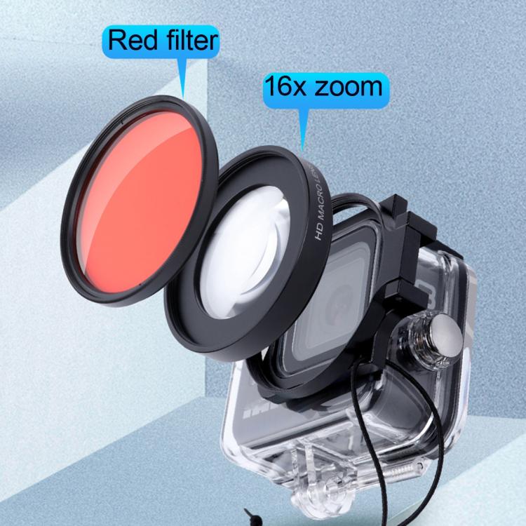 RUIGPRO para GoPro HERO8 58mm 16X Lente Macro + Filtro de Lente de Buceo Rojo/Púrpura + Kits de Estuche Impermeable con Carcasa de Buceo con Anillo Adaptador de Filtro y Tapa de Lente