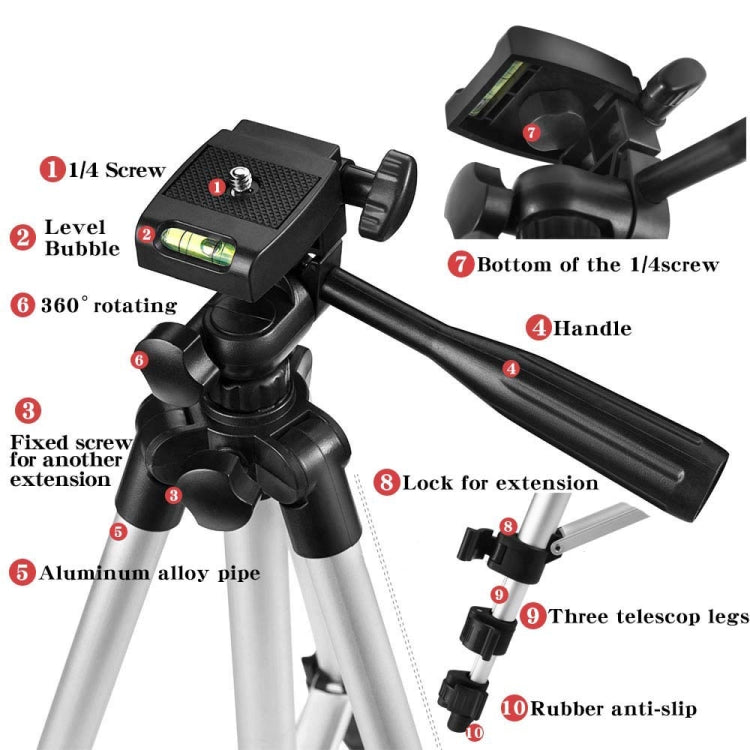 3120 Trípode para transmisión en vivo Patas plegables de 4 secciones Montura de trípode de aleación de aluminio con cabezal de trípode tridimensional en forma de U para DSLR y cámara digital, altura ajustable: 34-103 cm, 3120 Silver, 3120 Black