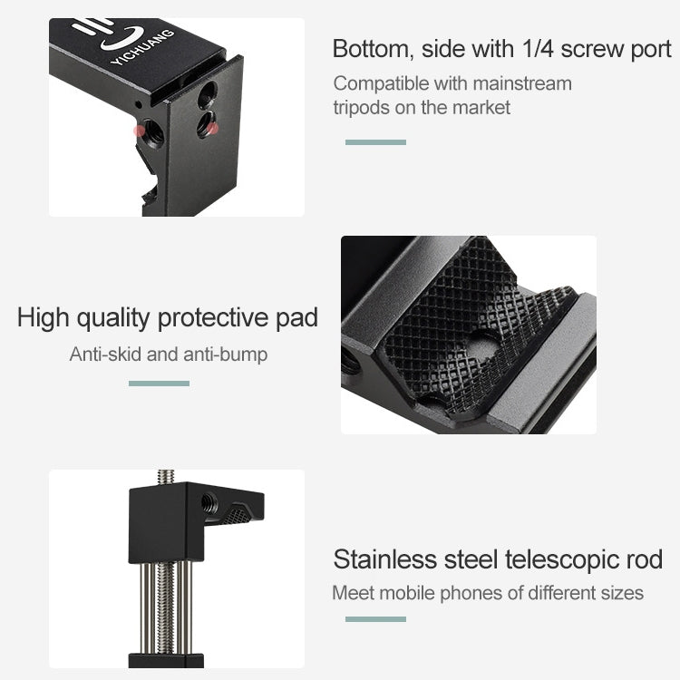 YICHUANG JH-01 Adaptador de abrazadera de soporte de clip de trípode de teléfono de aleación de aluminio para 65-95 cm