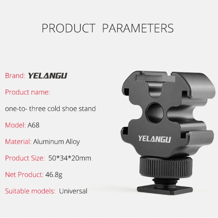YELANGU YLG0601A A68 Adaptador de montaje en zapata fría de 3 cabezales Soporte de metal para luz de flash para micrófono, YELANGU A68 3-Head Cold Shoe
