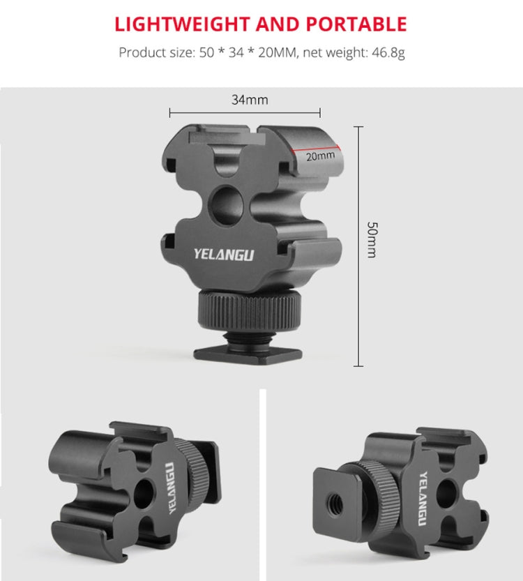 YELANGU YLG0601A A68 Adaptador de montaje en zapata fría de 3 cabezales Soporte de metal para luz de flash para micrófono, YELANGU A68 3-Head Cold Shoe