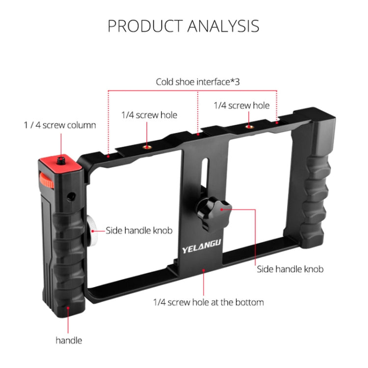 YELANGU PC02A Vlogging Live Broadcast Plastic Cage Video Rig Soporte estabilizador para producción cinematográfica para iPhone, Galaxy, Huawei, Xiaomi, HTC, LG, Google y otros teléfonos inteligentes, PC02A