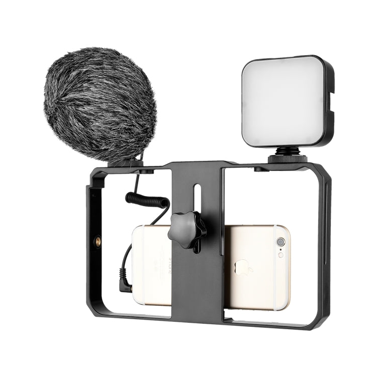 YELANGU PC202 YLG1801B Vlogging Transmisión en vivo LED Selfie Light Smartphone Video Rig Mango Estabilizador Kits de soporte con micrófono y luz de relleno, PC202