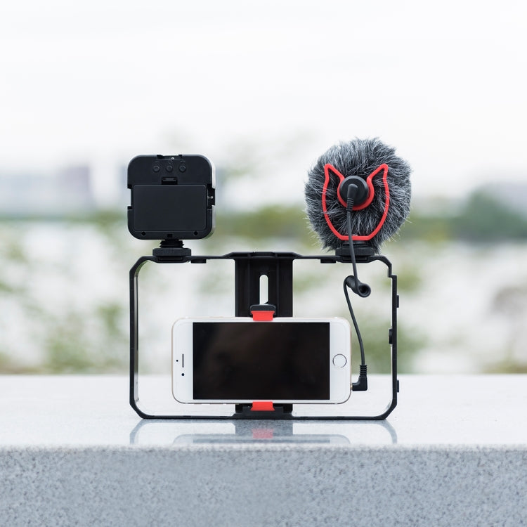 YELANGU PC202 YLG1801B Vlogging Transmisión en vivo LED Selfie Light Smartphone Video Rig Mango Estabilizador Kits de soporte con micrófono y luz de relleno, PC202