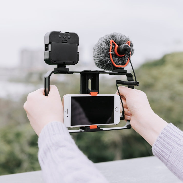 YELANGU PC202 YLG1801B Vlogging Transmisión en vivo LED Selfie Light Smartphone Video Rig Mango Estabilizador Kits de soporte con micrófono y luz de relleno, PC202