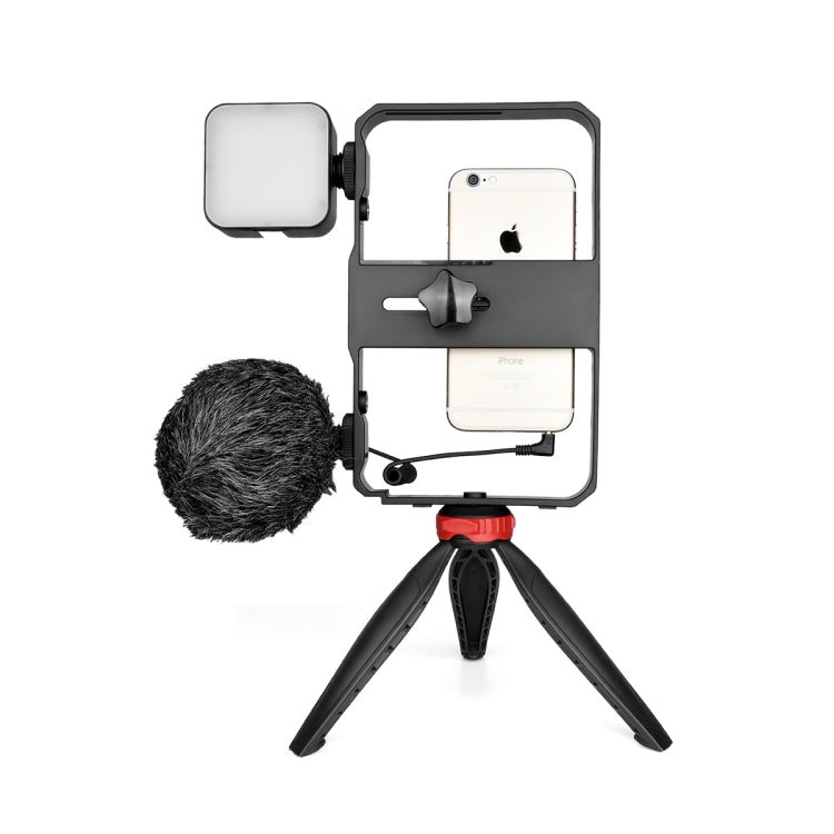 YELANGU PC204 YLG1801D Vlogging Transmisión en vivo LED Selfie Light Smartphone Video Rig Mango Estabilizador Kits de soporte con micrófono y trípode, PC204