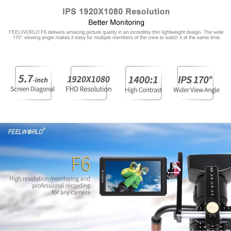 FEELWORLD F6 1920x1080 Pantalla IPS de 5,5 pulgadas Monitor de campo de cámara HDMI 4K, F6