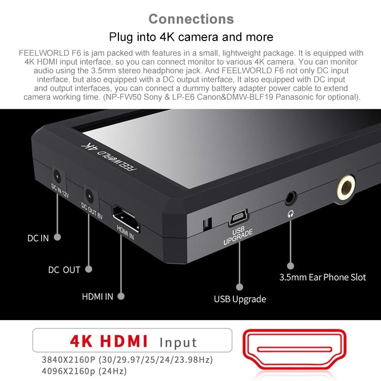 FEELWORLD F6 1920x1080 Pantalla IPS de 5,5 pulgadas Monitor de campo de cámara HDMI 4K, F6