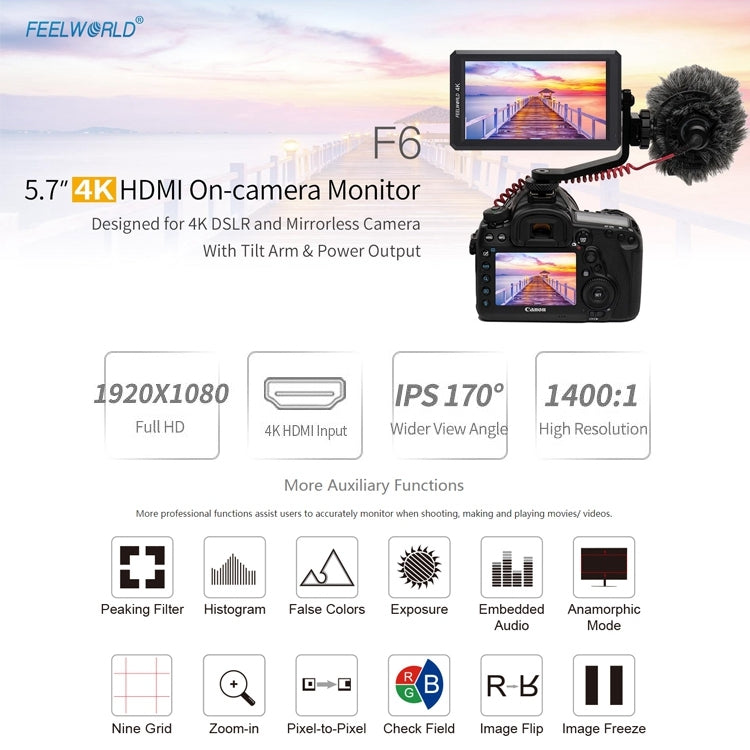 FEELWORLD F6 1920x1080 Pantalla IPS de 5,5 pulgadas Monitor de campo de cámara HDMI 4K, F6