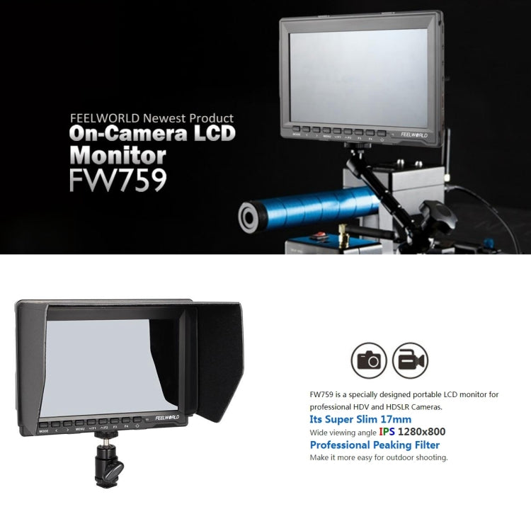 FEELWORLD FW759 1280x800 Pantalla IPS de 7 pulgadas Monitor de campo de cámara HD ultrafino, FW759