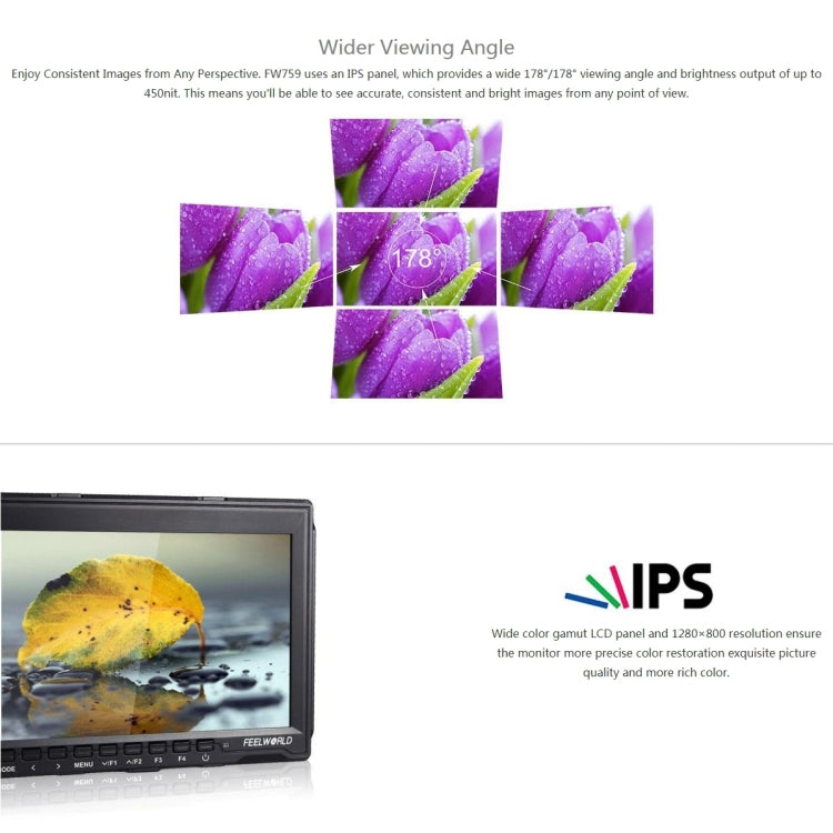 FEELWORLD FW759 1280x800 Pantalla IPS de 7 pulgadas Monitor de campo de cámara HD ultrafino, FW759