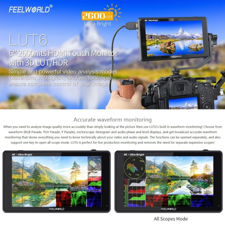 FEELWORLD LUT6 1920x1080 2600 nits Pantalla IPS de 6 pulgadas HDMI 4K Control táctil Cámara Monitor de campo, LUT6