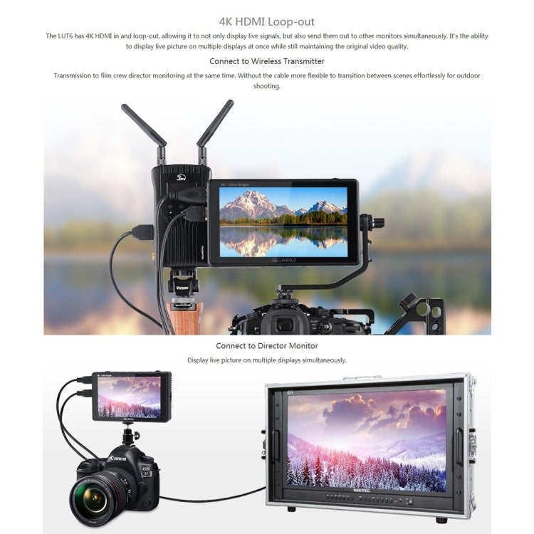 FEELWORLD LUT6 1920x1080 2600 nits Pantalla IPS de 6 pulgadas HDMI 4K Control táctil Cámara Monitor de campo, LUT6