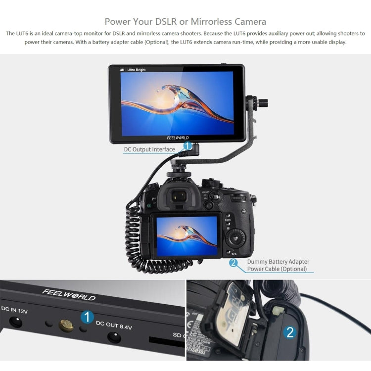 FEELWORLD LUT6 1920x1080 2600 nits Pantalla IPS de 6 pulgadas HDMI 4K Control táctil Cámara Monitor de campo, LUT6