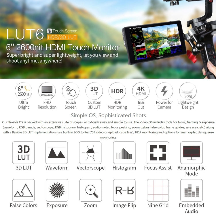 FEELWORLD LUT6 1920x1080 2600 nits Pantalla IPS de 6 pulgadas HDMI 4K Control táctil Cámara Monitor de campo, LUT6
