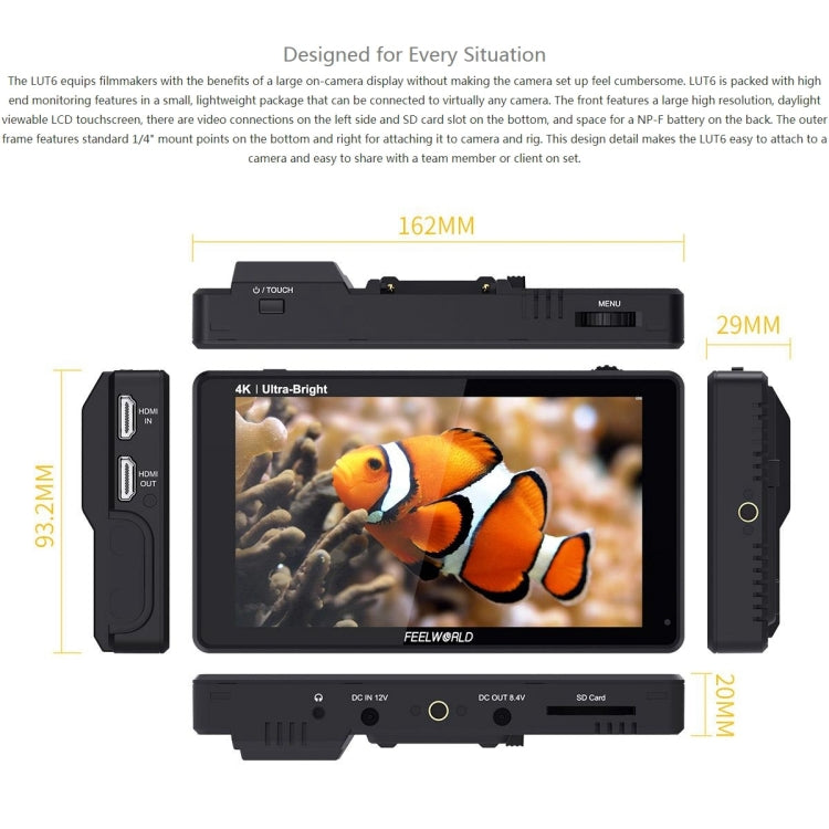 FEELWORLD LUT6 1920x1080 2600 nits Pantalla IPS de 6 pulgadas HDMI 4K Control táctil Cámara Monitor de campo, LUT6
