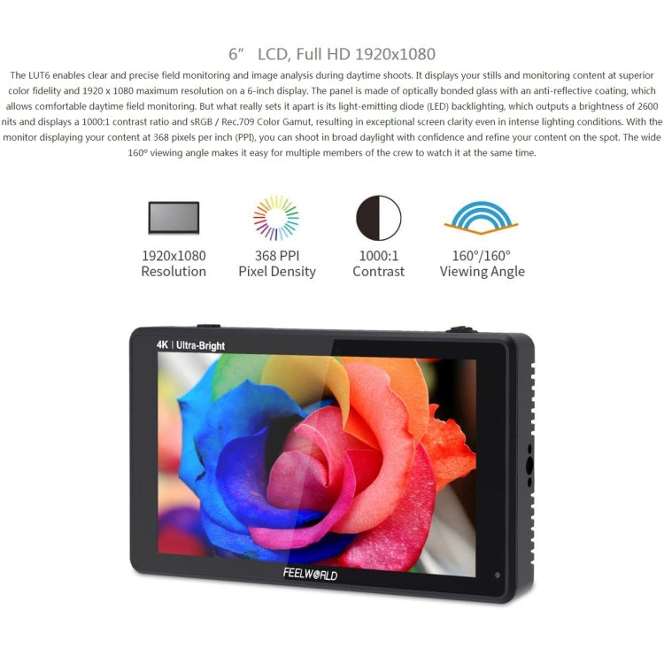 FEELWORLD LUT6 1920x1080 2600 nits Pantalla IPS de 6 pulgadas HDMI 4K Control táctil Cámara Monitor de campo, LUT6