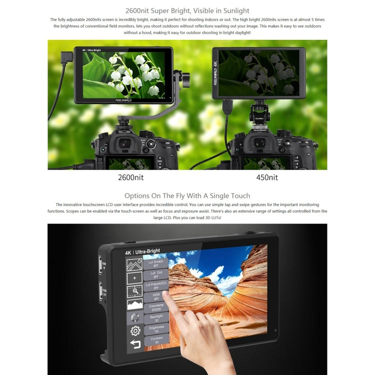 FEELWORLD LUT6 1920x1080 2600 nits Pantalla IPS de 6 pulgadas HDMI 4K Control táctil Cámara Monitor de campo, LUT6