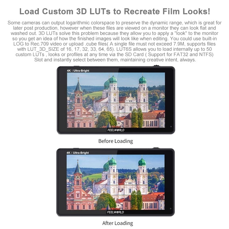 FEELWORLD LUT6S 1920x1080 2600 nits Pantalla IPS de 6 pulgadas HDMI 4K Pantalla táctil SDI HDI Cámara Monitor de campo, LUT6S