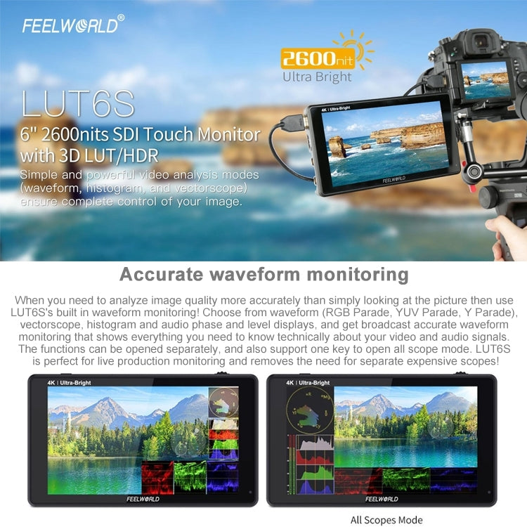 FEELWORLD LUT6S 1920x1080 2600 nits Pantalla IPS de 6 pulgadas HDMI 4K Pantalla táctil SDI HDI Cámara Monitor de campo, LUT6S