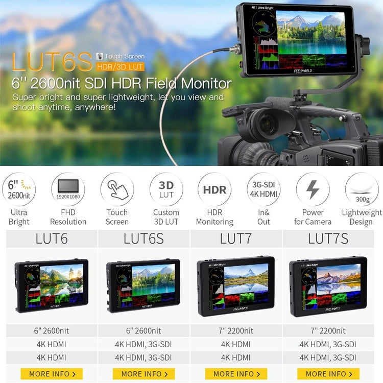 FEELWORLD LUT6S 1920x1080 2600 nits Pantalla IPS de 6 pulgadas HDMI 4K Pantalla táctil SDI HDI Cámara Monitor de campo, LUT6S