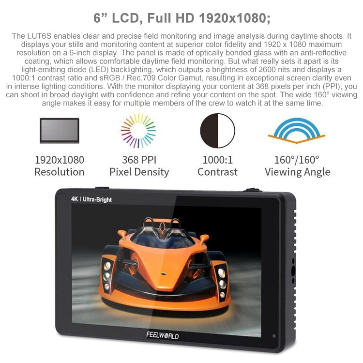 FEELWORLD LUT6S 1920x1080 2600 nits Pantalla IPS de 6 pulgadas HDMI 4K Pantalla táctil SDI HDI Cámara Monitor de campo, LUT6S