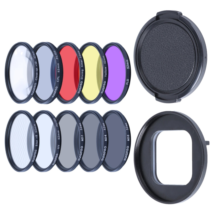 RUIGPRO para GoPro HERO10 Black / HERO9 Black Professional 52mm 52mm 10 en 1 UV+ND2+ND4+ND8+Star 8+ +CPL+Amarillo/Rojo/Púrpura+10X Filtro de lente de primer plano con anillo adaptador de filtro y tapa de lente
