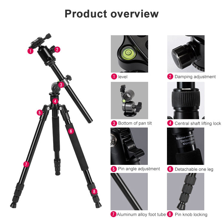 TRIOPO Oubao TA330 Soporte de trípode de brazo horizontal Soporte de pluma de columna central de liberación rápida con rótula de bola de trípode, TA330