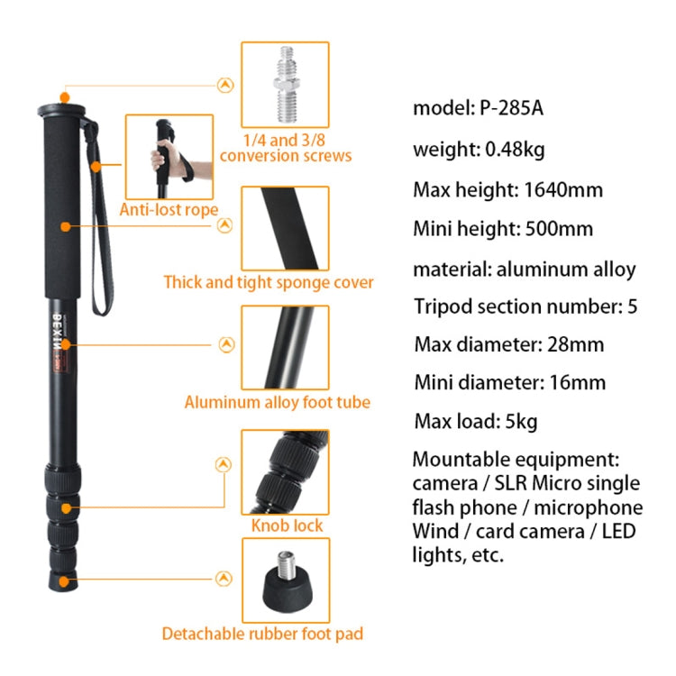 BEXIN P285-A Soporte monopié de aleación de aluminio para cámara DSLR portátil de viaje al aire libre, P285-A