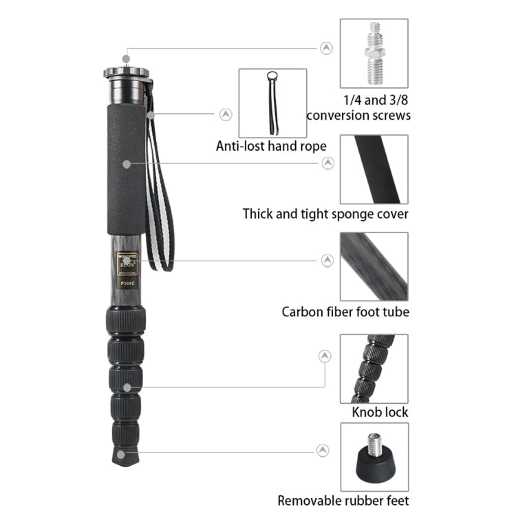 BEXIN P306C Soporte monopié de fibra de carbono para cámara DSLR portátil de viaje al aire libre, P306C