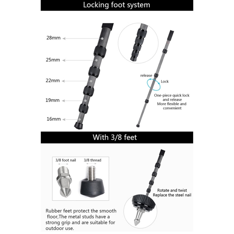 BEXIN MCS285 Soporte monopié de fibra de carbono para cámara DSLR portátil de viaje al aire libre, MCS285