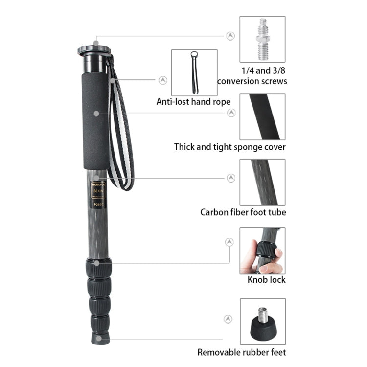 BEXIN P285-C Soporte monopié de fibra de carbono para cámara DSLR portátil de viaje al aire libre, P285-C