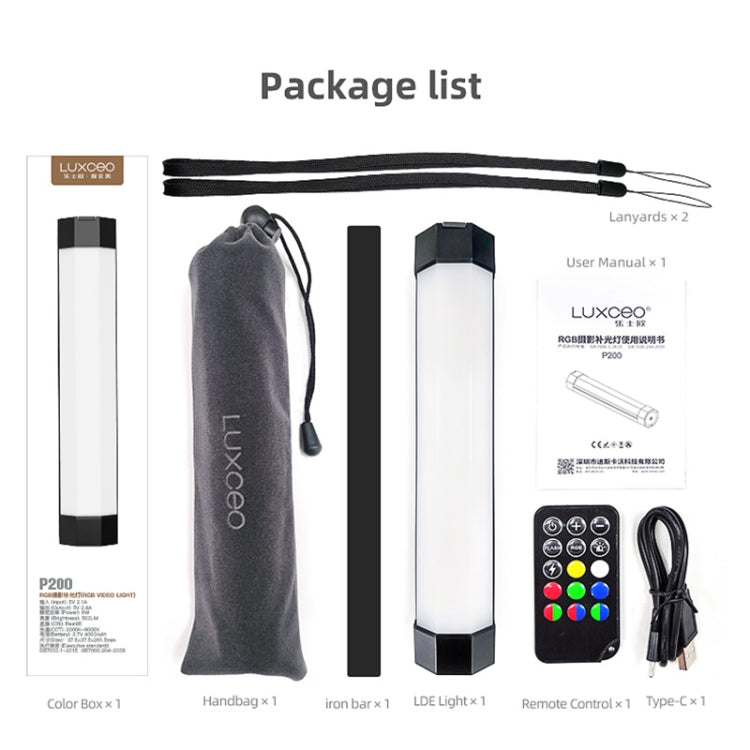 LUXCeO RGB Foto colorida LED Stick Luz de video Control de aplicación Temperatura de color ajustable Luz de relleno LED de mano impermeable con control remoto, P200 RGB