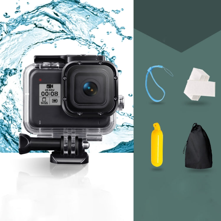 Para GoPro HERO8 Funda protectora negra resistente al agua de 45 m con hebilla Montaje básico y tornillo y empuñadura flotante Bobber y correa e inserciones antivaho, Transparent HERO8 Case