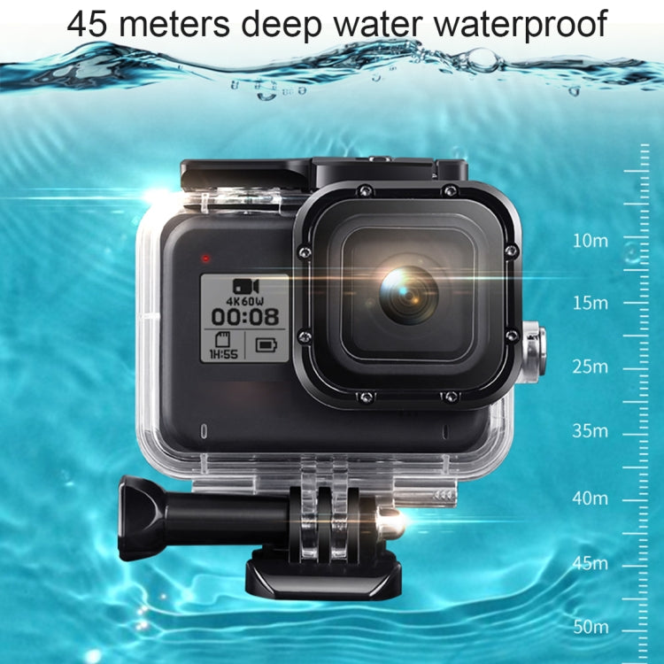 Para GoPro HERO8 Funda protectora negra resistente al agua de 45 m con hebilla Montaje básico y tornillo y empuñadura flotante Bobber y correa e inserciones antivaho, Transparent HERO8 Case