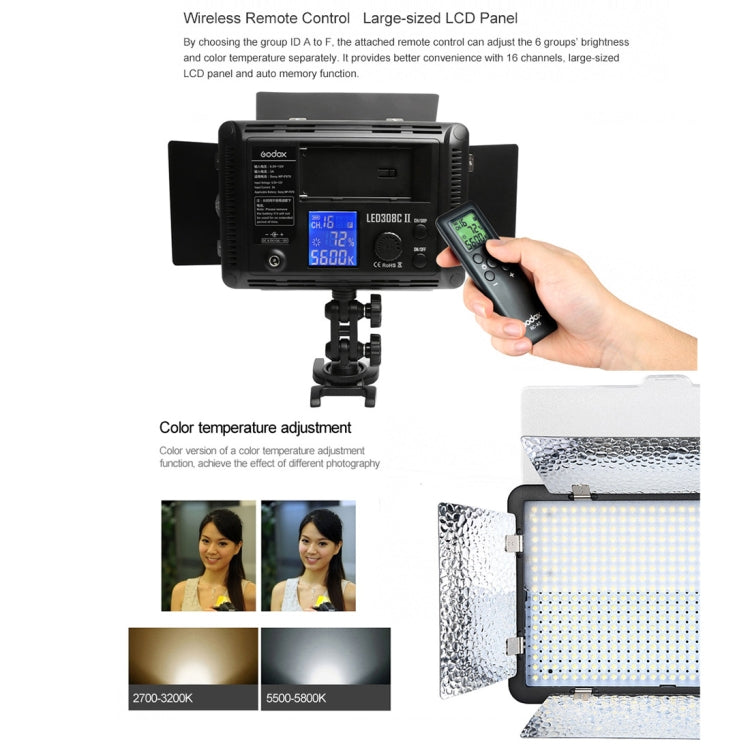 Godox LED308C II 308LED Luz de fotografía regulable 860LUX Luz de estudio de fotografía y video profesional Vlogging para cámaras DSLR Canon / Nikon