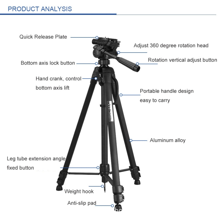 WeiFeng WT-3560 Patas plegables de 3 secciones Transmisión en vivo Soporte para trípode de aleación de aluminio, WT-3560