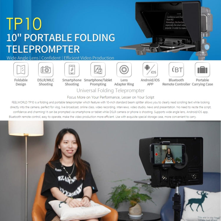 FEELWORLD TP10 Teleprompter plegable portátil de 10 pulgadas con anillo adaptador de lente de control remoto para teléfonos inteligentes/tabletas de menos de 10 pulgadas, TP10