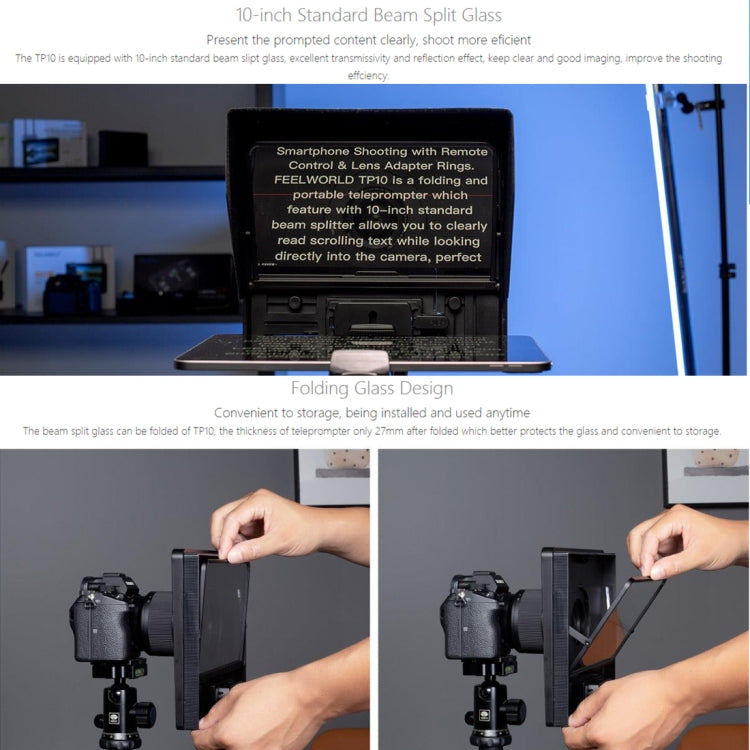 FEELWORLD TP10 Teleprompter plegable portátil de 10 pulgadas con anillo adaptador de lente de control remoto para teléfonos inteligentes/tabletas de menos de 10 pulgadas, TP10