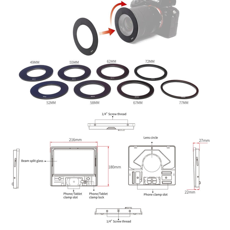 FEELWORLD TP10 Teleprompter plegable portátil de 10 pulgadas con anillo adaptador de lente de control remoto para teléfonos inteligentes/tabletas de menos de 10 pulgadas, TP10
