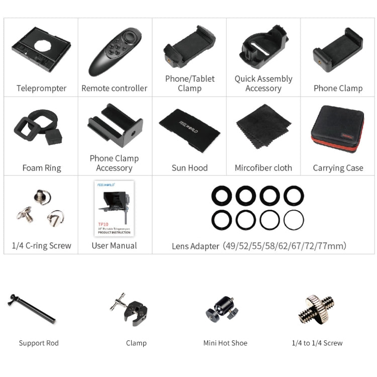 FEELWORLD TP10 Teleprompter plegable portátil de 10 pulgadas con anillo adaptador de lente de control remoto para teléfonos inteligentes/tabletas de menos de 10 pulgadas, TP10
