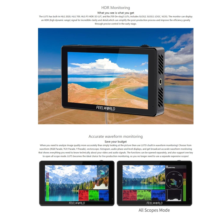 FEELWORLD LUT5 5,5 pulgadas Ultra alto brillo 3000nit pantalla táctil cámara DSLR Monitor de campo, LUT5