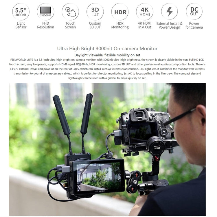 FEELWORLD LUT5 5,5 pulgadas Ultra alto brillo 3000nit pantalla táctil cámara DSLR Monitor de campo, LUT5