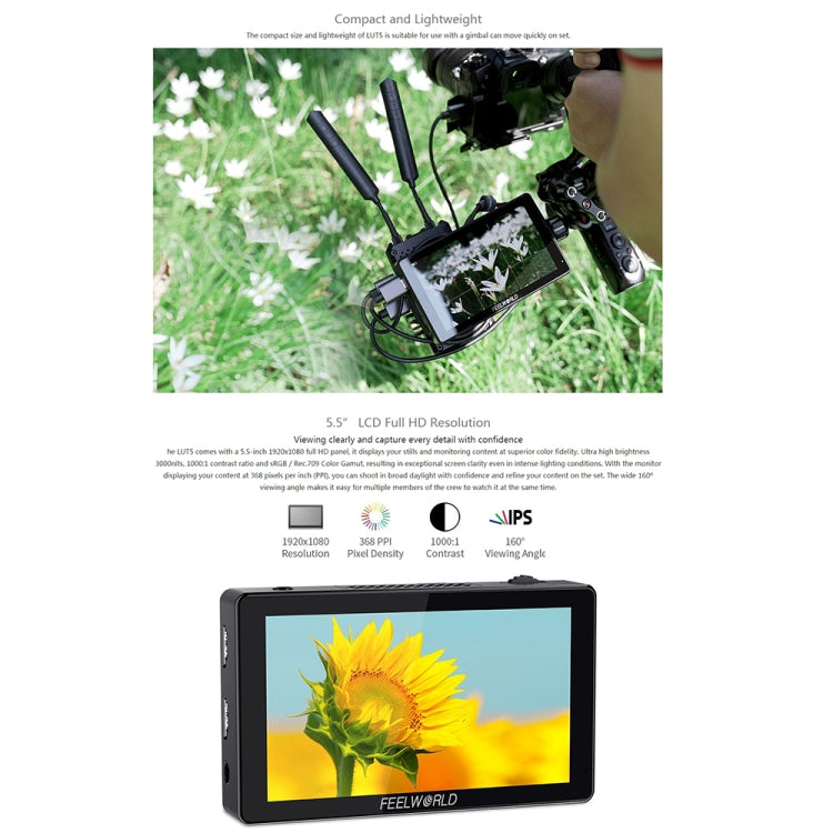 FEELWORLD LUT5 5,5 pulgadas Ultra alto brillo 3000nit pantalla táctil cámara DSLR Monitor de campo, LUT5