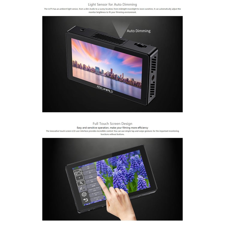 FEELWORLD LUT5 5,5 pulgadas Ultra alto brillo 3000nit pantalla táctil cámara DSLR Monitor de campo, LUT5