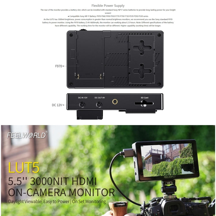 FEELWORLD LUT5 5,5 pulgadas Ultra alto brillo 3000nit pantalla táctil cámara DSLR Monitor de campo, LUT5