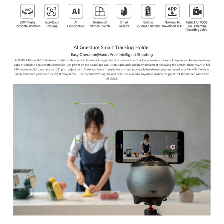 LAIZESKE LA8 Robot inteligente camarógrafo soporte para teléfono con seguimiento automático de 360 grados, LA8