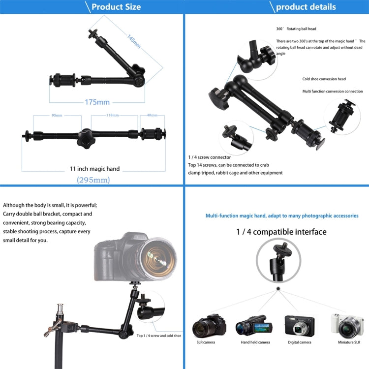 Brazo mágico articulado de fricción ajustable de 11 pulgadas + clips de garras grandes con abrazadera para teléfono, 11 inch Magic Arm + Claws Clips with Phone Clamp
